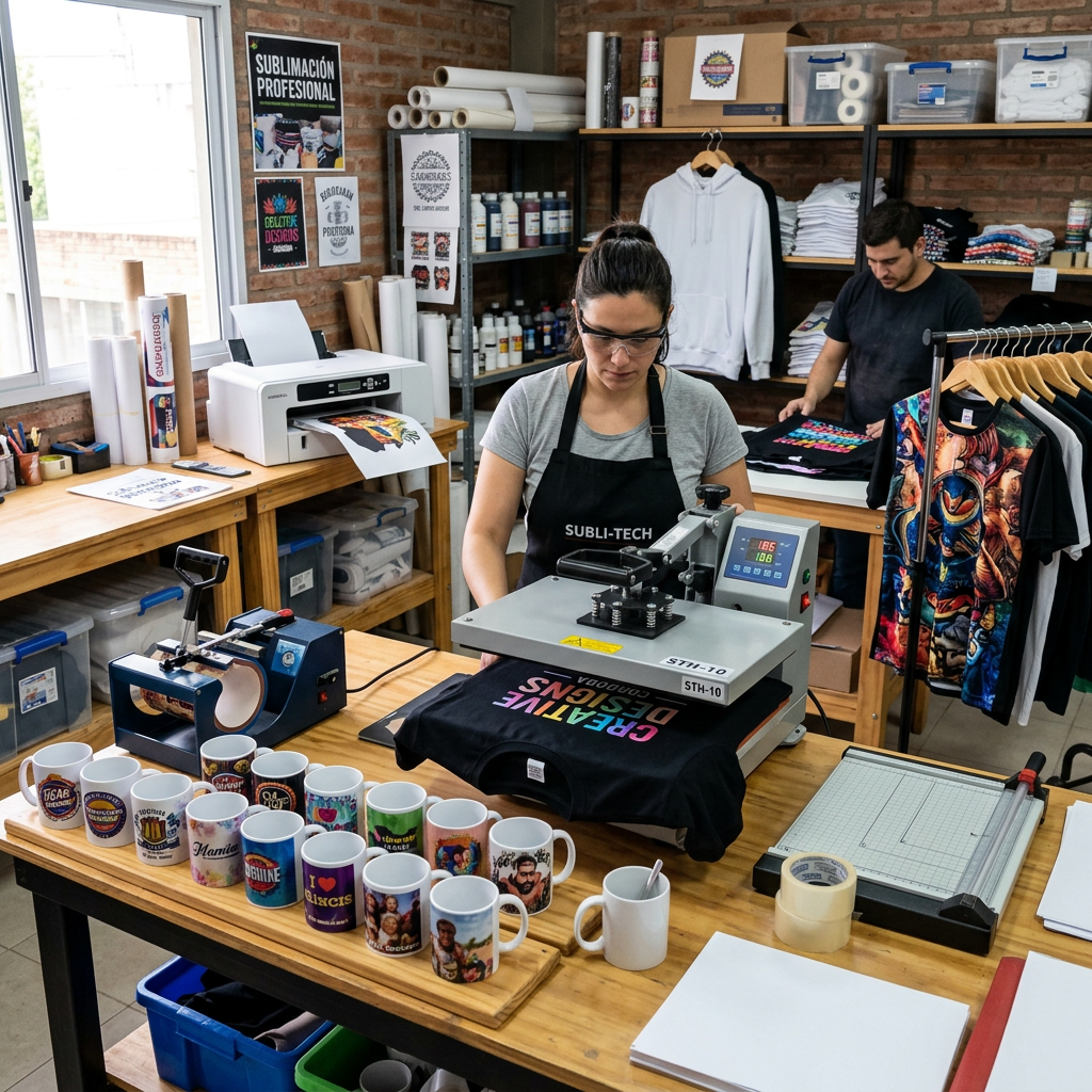 Woman operating heat press machine applying design to black t-shirt in a sublimation printing workshop with colorful printed mugs and apparel around